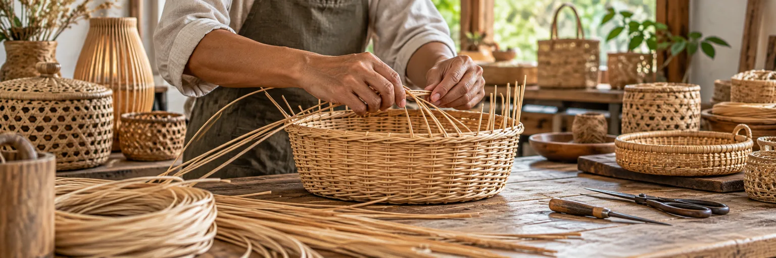 Illustrative scene of an artisan weaving rattan baskets at a wooden workshop table